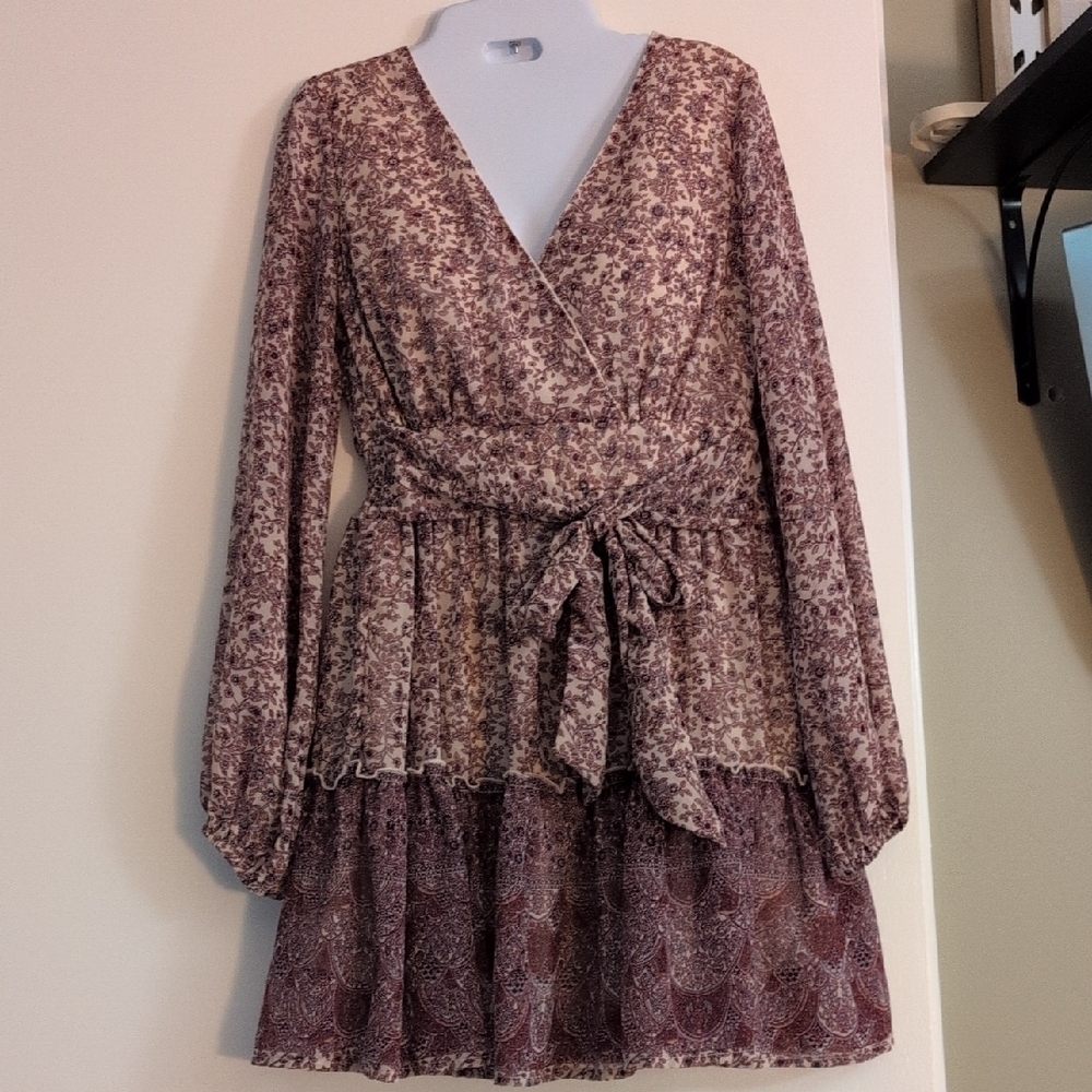Japna Mauve Floral Wrap Long Sleeve Dress